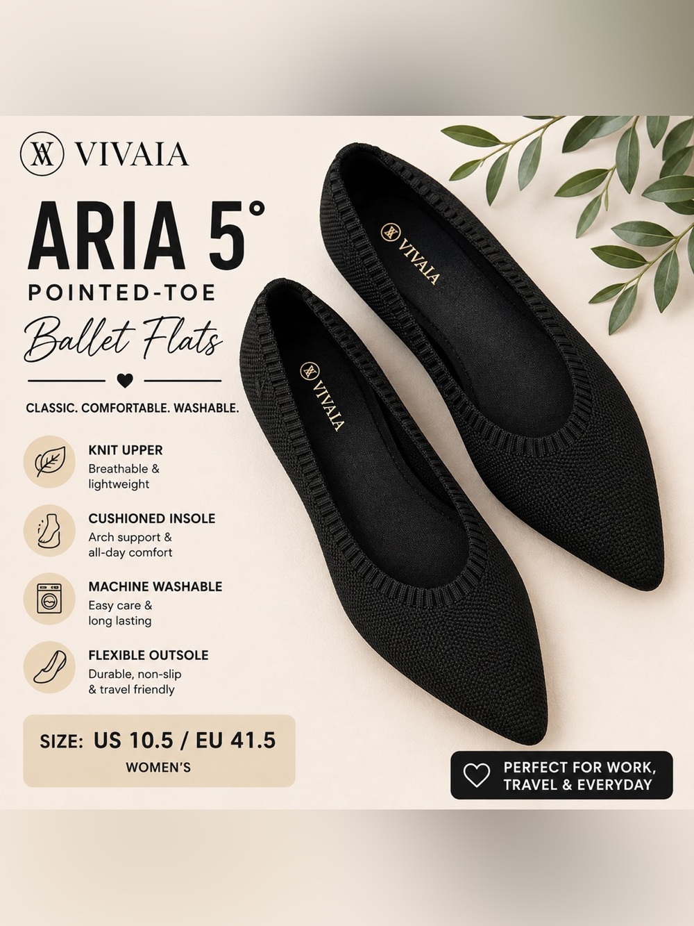 VIVAIA Aria 5° Pointed-Toe Ballet Flats – Black – EU 41.5